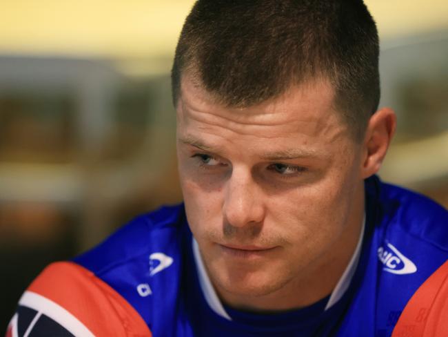 SYDNEY, AUSTRALIA - MARCH 01: Jayden Brailey of the Newcastle Knights is interviewed during the NRL Telstra Premiership 2024 Season Launch at Telstra HQ on March 01, 2024 in Sydney, Australia. (Photo by Mark Evans/Getty Images)