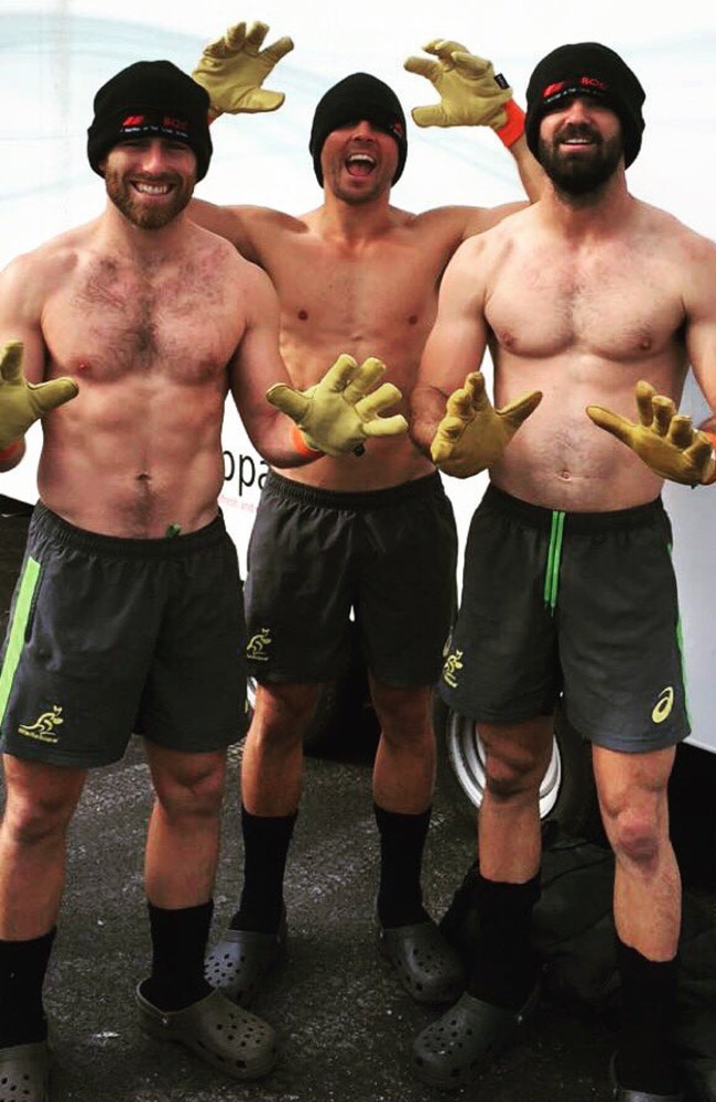 Bernard Foley, Nick Phipps and Nick Frisby after leaving the cryotherapy chamber.