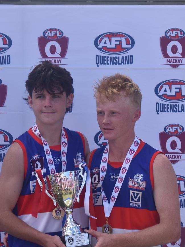 Lachlan Nelson (left) and Joel Ramsdale after the Moranbah Bulldogs v Whitsunday Sea Eagles u17s AFL grand final at Magpies Sporting Club, Mackay, September 11, 2021. Picture: Matthew Forrest