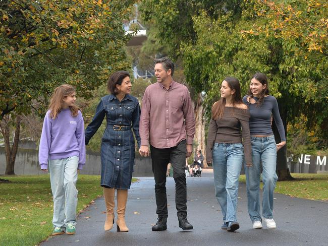 Reece with his wife Felicity Pantelidis and daughters at Carlton Gardens. Picture: Josie Hayden