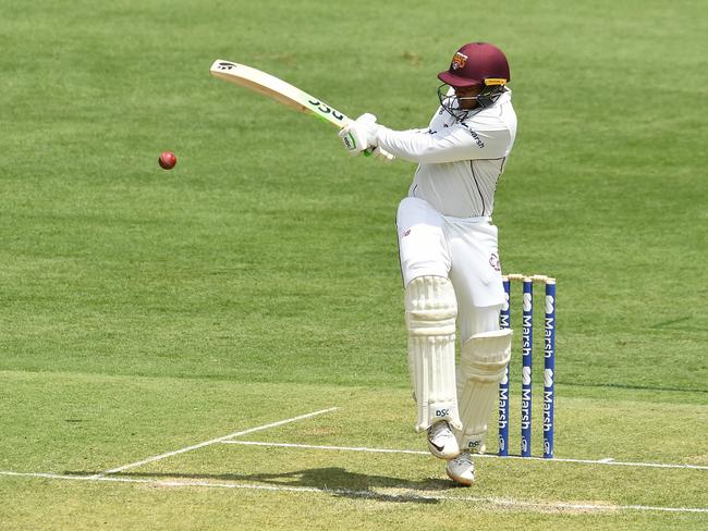 BRISBANE, AUSTRALIA - NOVEMBER 10: Usman Khawaja of the Bulls bats during day one of the Sheffield Shield match between Queensland and Western Australia at The Gabba, on November 10, 2021, in Brisbane, Australia. (Photo by Albert Perez/Getty Images)