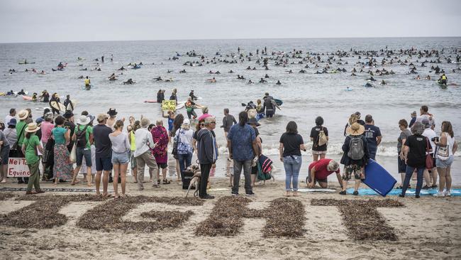 Protesters at Victor Harbor, opposing drilling in the Great Australian Bight. Picture: Nick Clayton