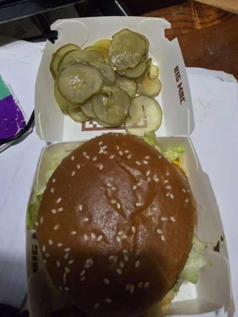 Facebook user Ava-Leigh Johnston posted a picture of the Big Mac she ordered from the McDonald’s fast-food restaurant in Ingham. Ms Johnston was not impressed with what one social-media user said was a ‘pickle burger’. Picture: Supplied