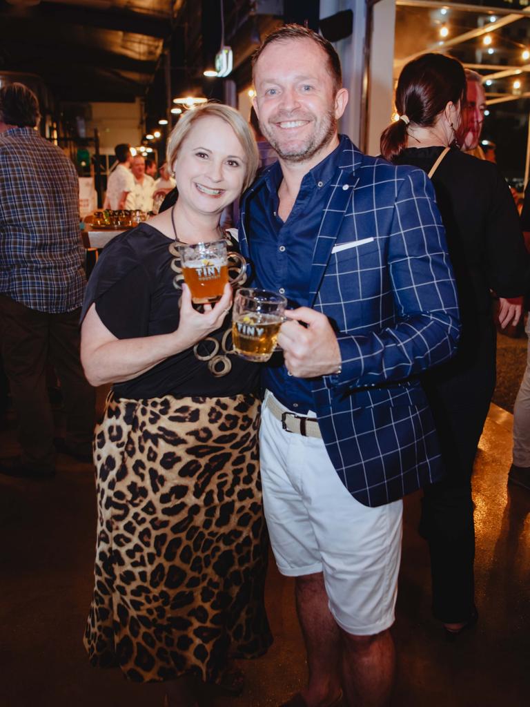 Cassie Mendo, Glen Cummins at the Tiny Mountain Brewery opening in Townsville. Picture by Kaine Constantine. Socials: Damien Anthony Rossi