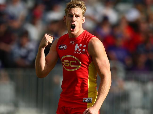 PERTH, AUSTRALIA - APRIL 07:  Tom Lynch of the Suns celebrates a goal during the round three AFL match between the Gold Coast Suns and the Fremantle Dockers at Optus Stadium on April 7, 2018 in Perth, Australia.  (Photo by Paul Kane/Getty Images)