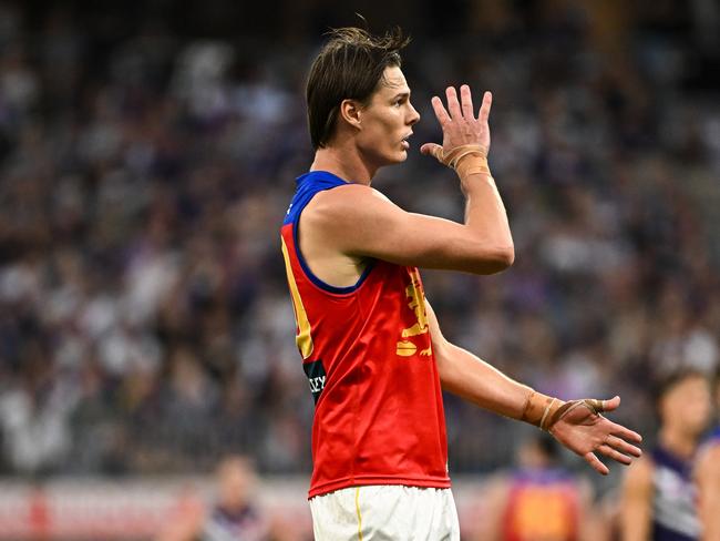 Eric Hipwood of the Lions rues missing a shot on goal during the at Optus Stadium in Round 1. Picture: Daniel Carson/AFL Photos via Getty Images.