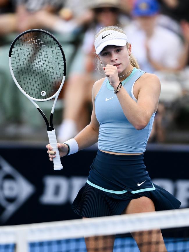 Emerson Jones celebrates her victory over world No.37 Xinyu Wang at this week’s Adelaide International - her first win on the WTA Tour. Picture: Getty