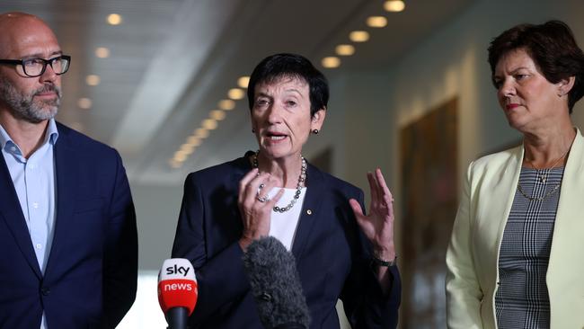 Business Council of Australia president Tim Reed, BCA chief executive Jennifer Westacott and KPMG national chairwoman Alison Kitchen have presented an ambitious proposal for expanded government-funded parental leave and child care subsidies. Picture: NCA NewsWire / Gary Ramage