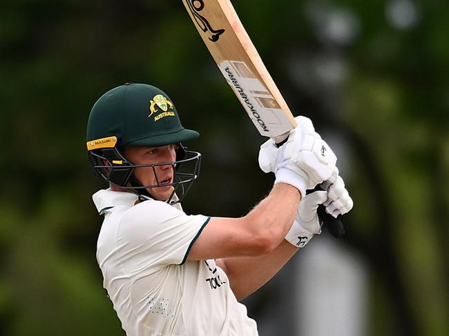 MACKAY, AUSTRALIA - NOVEMBER 02: Nathan McSweeney of Australia A bats during day three of the match between Australia A and India A at Great Barrier Reef Arena on November 02, 2024 in Mackay, Australia. (Photo by Albert Perez/Getty Images)