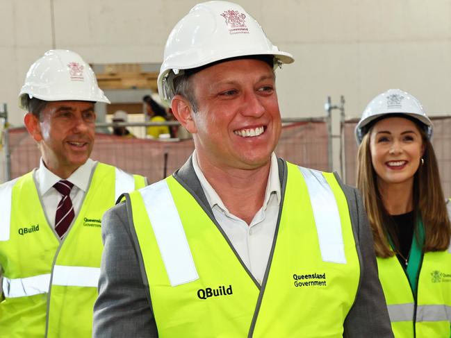 BRISBANE, AUSTRALIA - NewsWire Photos JUNE 3, 2024: Queensland Premier Steven Miles, Deputy Premier Cameron Dick and Housing Minister Meaghan Scanlon during a press conference in Eagle Farm. Picture: NewsWire/Tertius Pickard