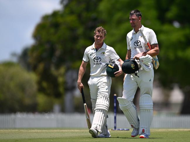 Nathan McSweeney and Beau Webster walk off after chasing down India A’s total. Picture: Albert Perez/Getty Images.