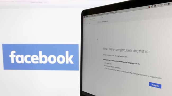 The Facebook logo is displayed next to a screen showing that the Facebook website is down in San Anselmo, California.