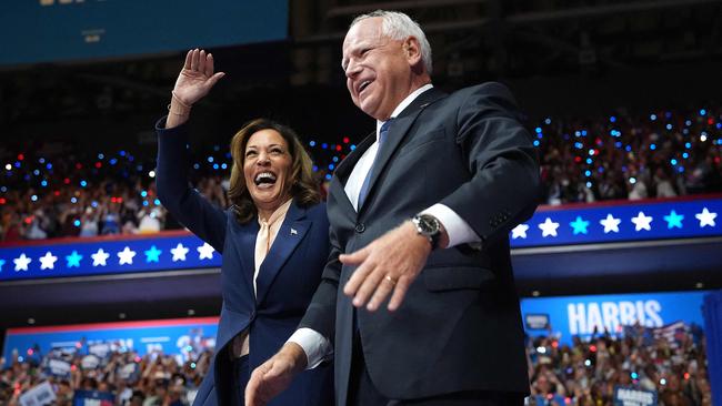 Democratic presidential candidate, US Vice-President Kamala Harris, and her vice-presidential pick Tim Walz appear on stage in Philadelphia. Picture: Getty Images