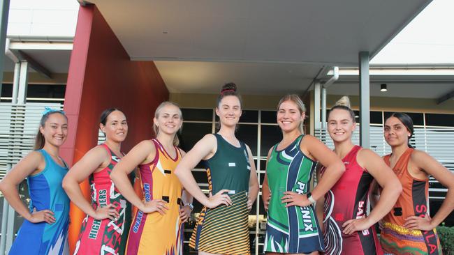 Launch of the Carmichael Ford Premier League Netball Competition. L-R: Katie Alexander (Neptunes), Brooke Lousi (Captain, Highlanders), Amity Bujega (Marian Vixens), Amy Butterworth (Captain, Burdekin), Molli Johnson (Phoenix), Jenna Green (Saints), Mikaela Jackson (Vice Captain SCALA Indigenous Diamonds). ABSENT: Runaways