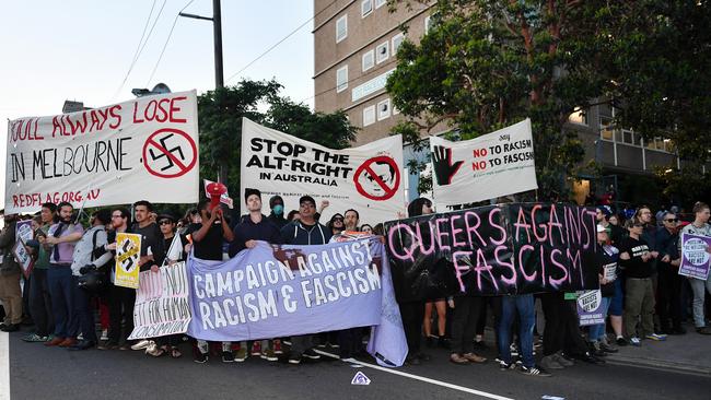 Left-wing protesters picketing Yiannopoulos’ event. Picture: Jake Nowakowski