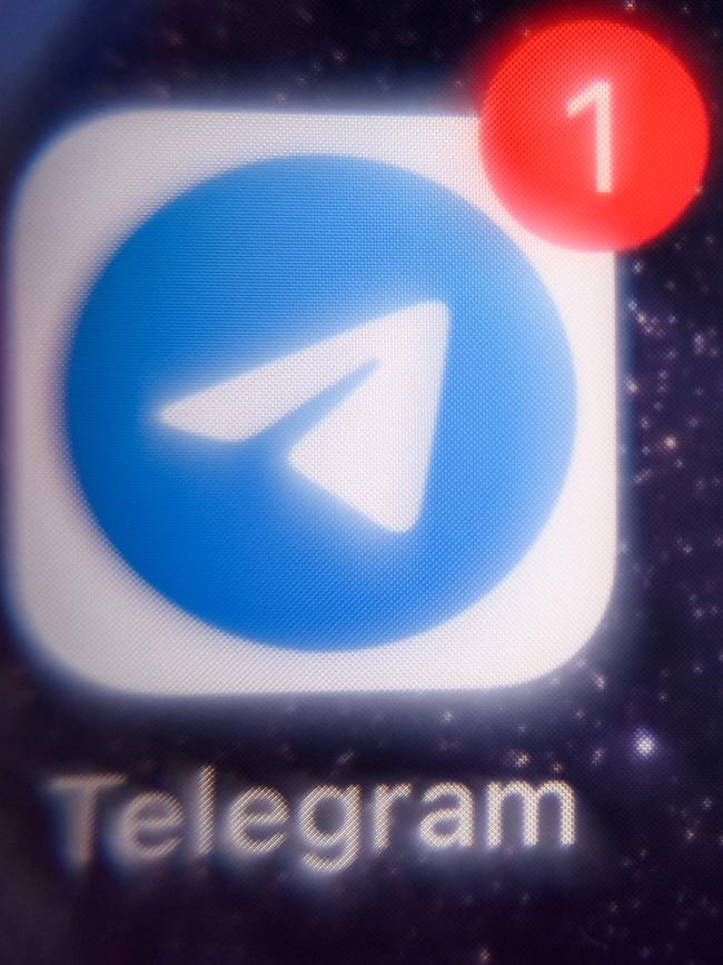 The mobile messaging and call service Telegram logo as it appears on a smartphone screen. Picture: AFP.