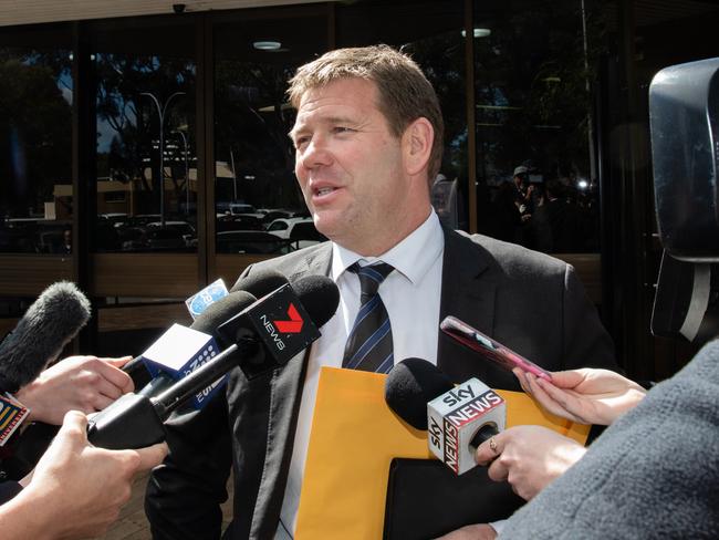 Michael Tudori, lawyer for former West Coast Eagles AFL player Ben Cousins, speaks to the media outside Armadale Magistrates Court in Perth. Picture: AAP Image/Richard Wainwright