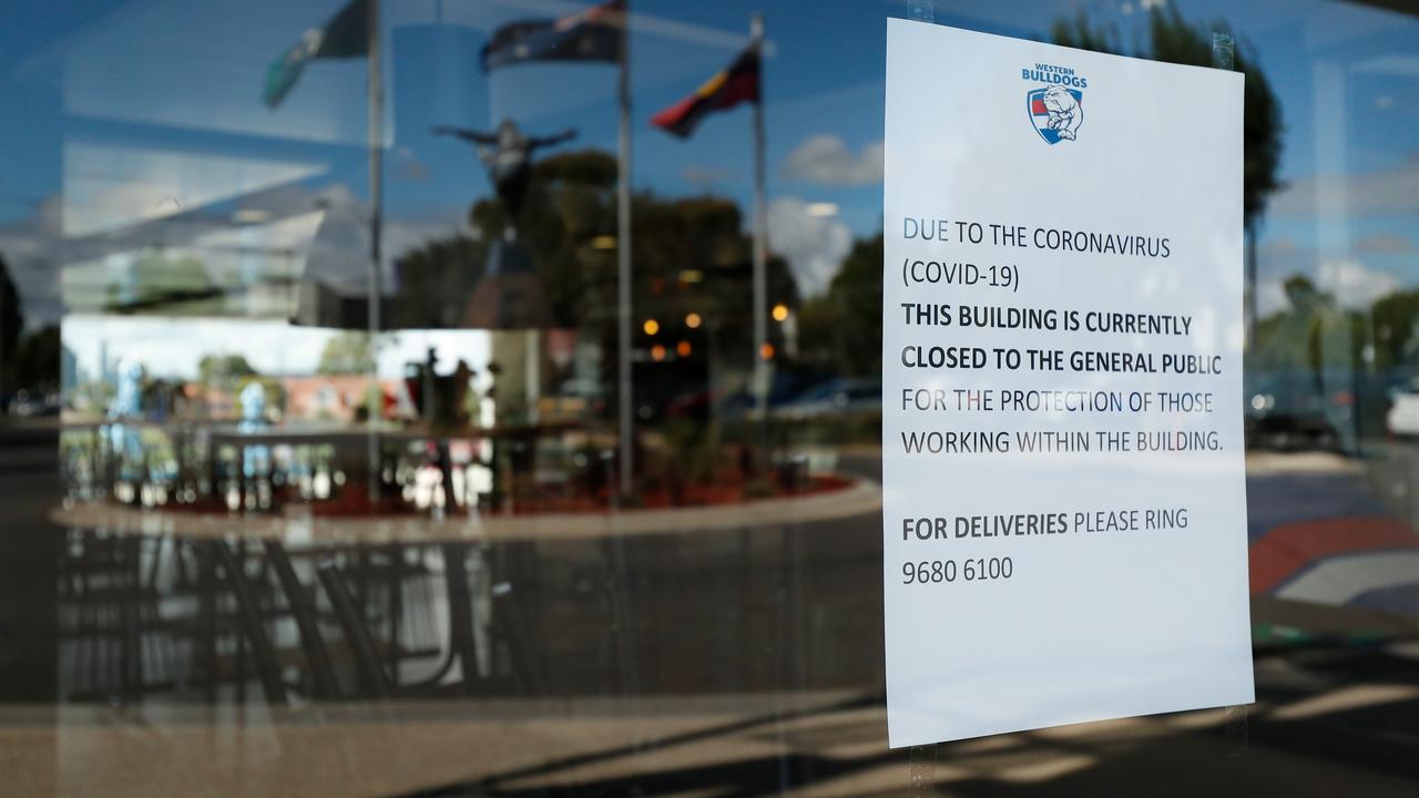 A coronavirus information sign before Sunday’s AFLW match between the Western Bulldogs and the Fremantle Dockers. Picture: Michael Willson/AFL Photos via Getty Images