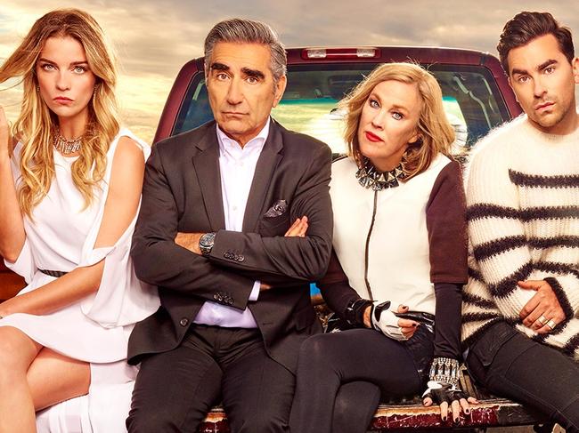 The cast of Schitt's Creek, streaming on Netflix.