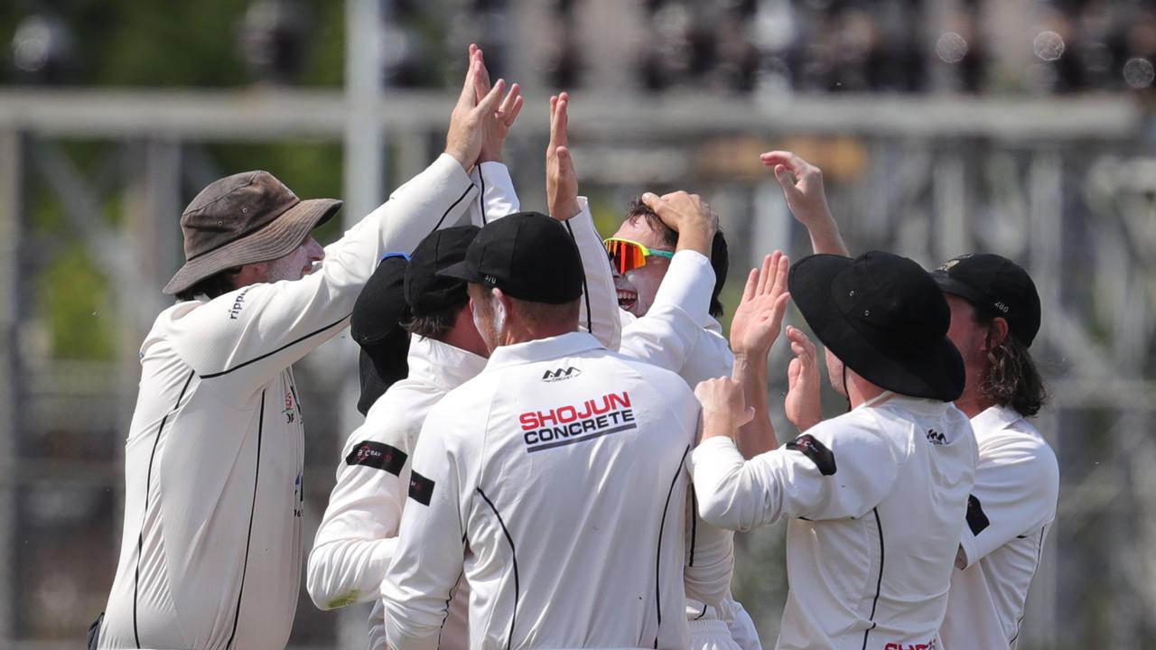 Kerr and his teammates celebrate his catch off Bailey Sykes. Picture: Mark Wilson