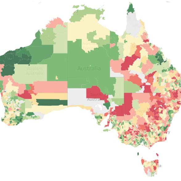 The map depicts the average Susceptibility Index risk score per postcode. A higher score indicates a greater chance of severe illness/death, which is indicated by darker red on the map.