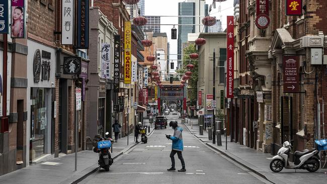 Once bustling Chinatown is now quiet save for the delivery drivers. Picture: Daniel Pockett/NCA NewsWire.