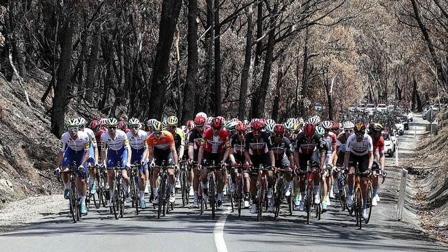 CYCLING - Tour Down Under -  Novatech Stage 2 - 22/01/20 - Woodside to Stirling. The Peloton makes its way through fire ravaged Woodside Picture SARAH REED