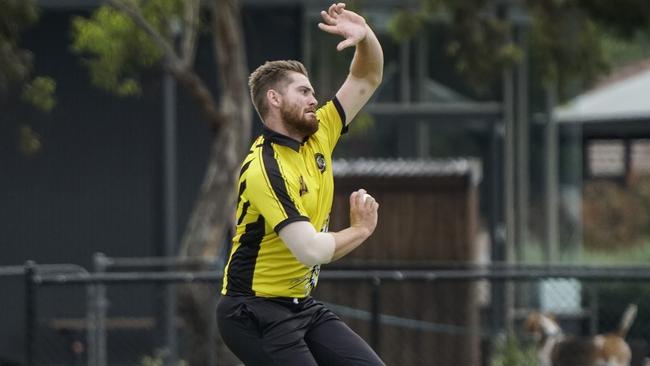 MPCA Peninsula Div cricket: Seaford Tigers v Pines. Jake Harrington bowling for Seaford.  Picture: Valeriu Campan