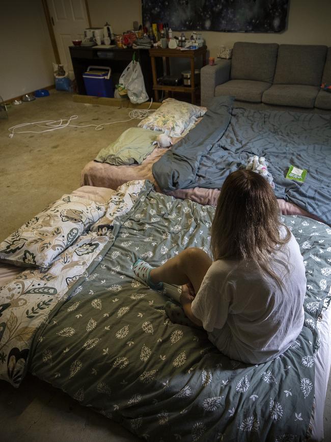 Samantha (not real name) who is living with her children in a shed after fleeing family violence. Picture: Chris Kidd