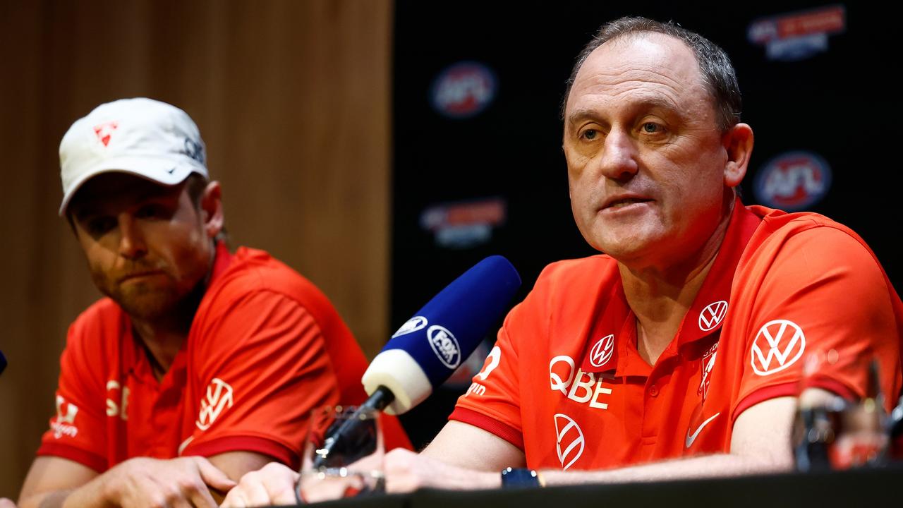 Dane Rampe and John Longmire both felt for Callum Mills. Picture: Michael Willson/AFL Photos via Getty Images