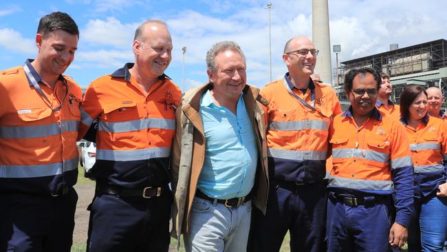 Forrest with workers at Liddell Power Station. Picture: John Feder