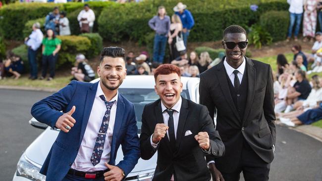 At Harristown State High School formal are (from left) Nizar Adi, Saher Khidir and Liai Liai at Highfields Cultural Centre, Friday, November 18, 2022. Picture: Kevin Farmer