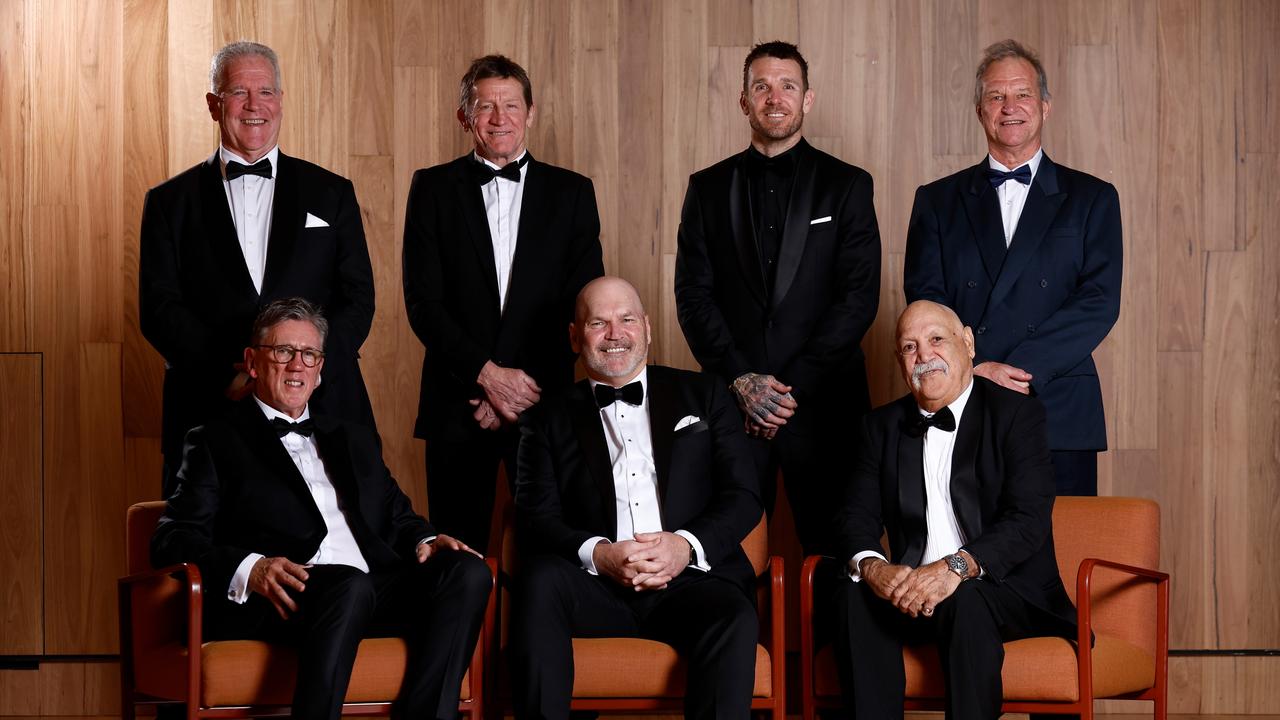 MELBOURNE, AUSTRALIA - JUNE 18: (Top L-R) AFL Hall of Fame inductees, Kevin Schofield (son of Ray Schofield),Chris McDermott, Dane Swan, Tim James (Grand Nephew of Ralph Robertson) (Front L-R) Kelvin Templeton, Jason Dunstall and Michael Graham pose for a photo during the Australian Football Hall of Fame at CENTREPIECE on June 18, 2024 in Melbourne, Australia. (Photo by Michael Willson/AFL Photos via Getty Images)