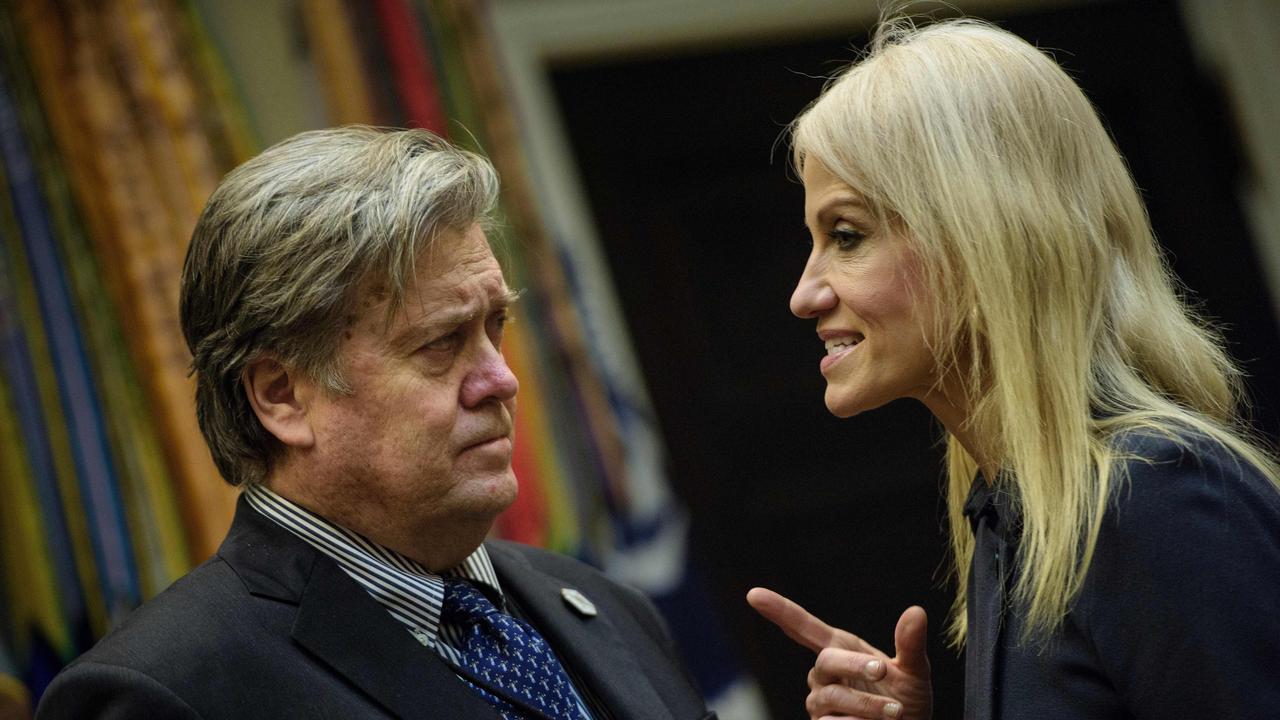 Then Trump advisor Steve Bannon and Conway talk before a meeting on cyber security in the Roosevelt Room of the White House in Washington, on January 31, 2017. Picture: AFP