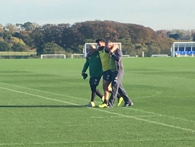 Josh Mansour is carried from the field. Picture: News Corp Australia