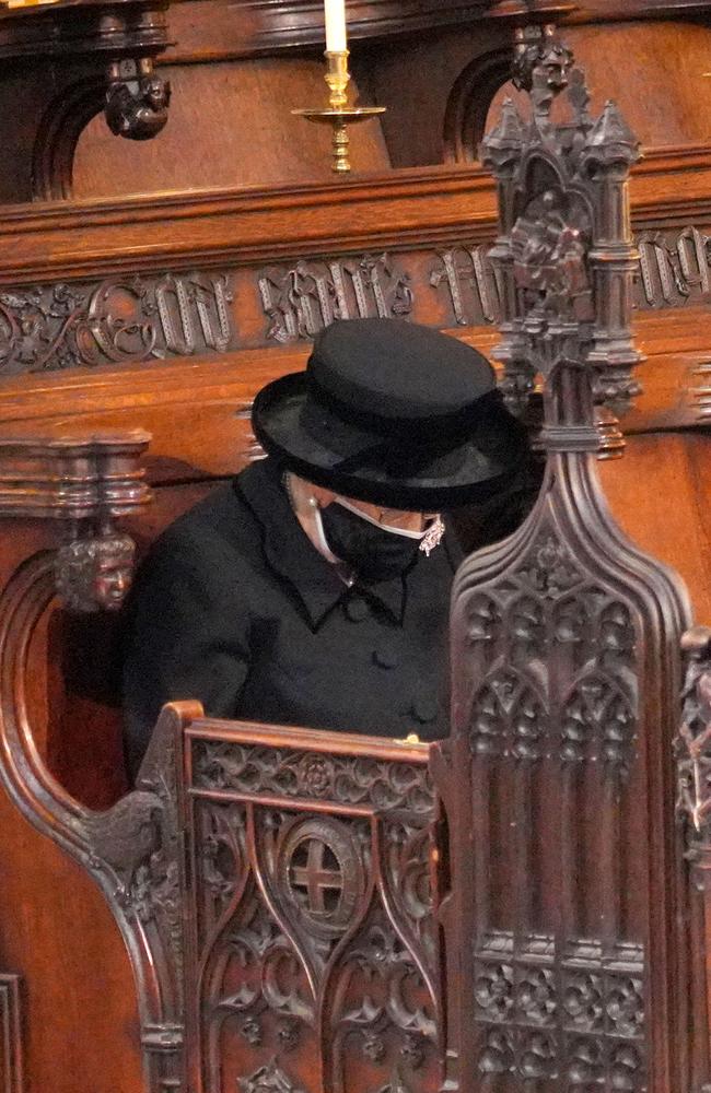 Queen Elizabeth II bows her head during the funeral of Prince Philip, Duke of Edinburgh. Picture: Getty