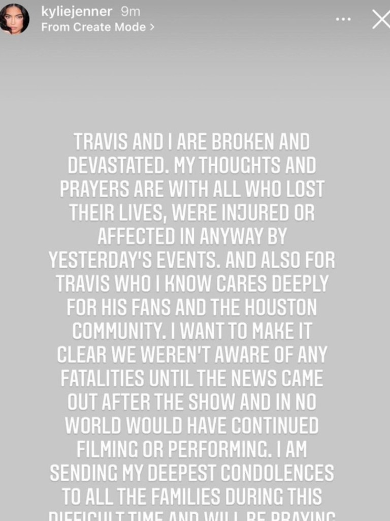 Kylie Jenner’s Instagram story statement about the Astroworld incident.