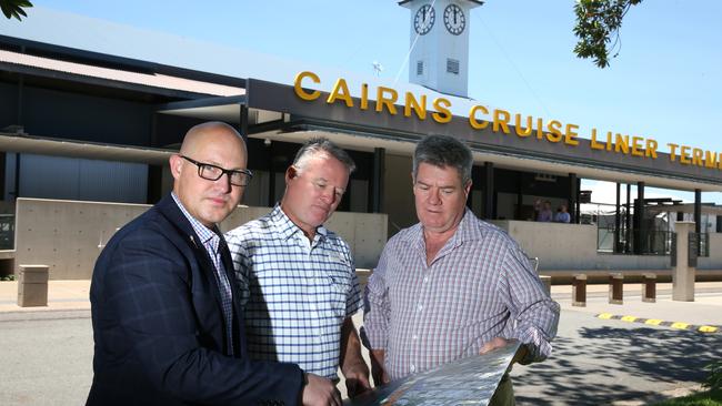 Member for Mulgrave Curtis Pitt, Member for Cairns Michael Healy and Ports North chairman Russell Beer with plans for a Global Tourism Hub at the Cairns Cruise Liner Terminal and foreshore area.