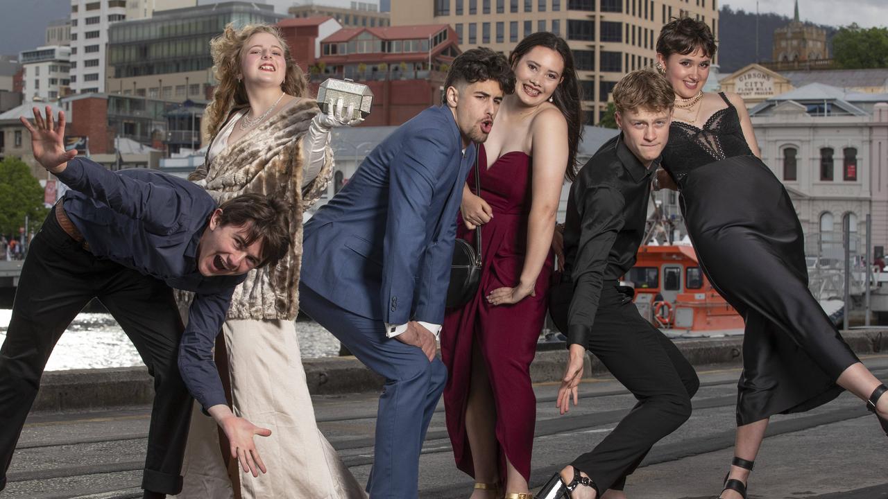 Hobart College leavers Dinner 2021 at the Hobart Function and Conference Centre, Ilya Harper, Imogen White, Bilal Ait Maamar, Aline Kidd, Jonas Rutherford and Charlotte Ocken. Picture: Chris Kidd