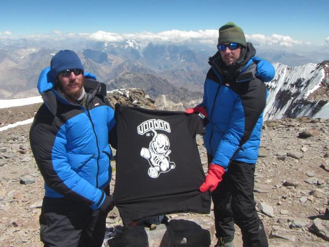 Terry Ledgard, right, with his friend. left, Brad Watts on Mt Aconcagua in Argentina. Picture: Supplied