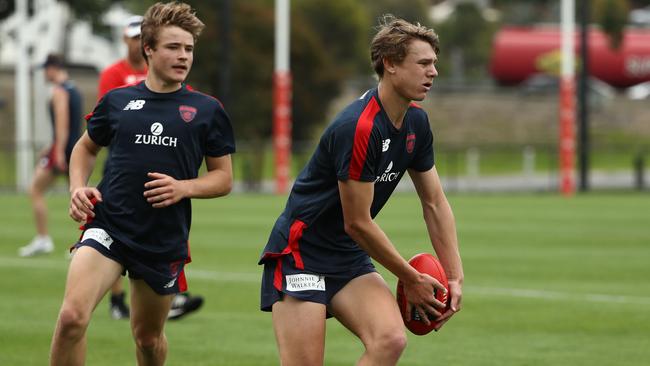 New Melbourne recruit Aaron Nietschke with the ball at a Demons training session at Gosch's Paddock this week. Picture: Robert Cianflone/Getty Image