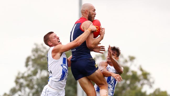 Max Gawn in action during the practice match against the Kangaroos. Picture: Getty Images