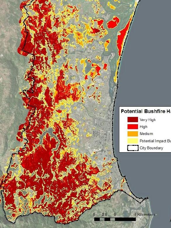 Gold Coast City Council’s latest bushfire hazard overlay map shows plenty of areas are at risk.