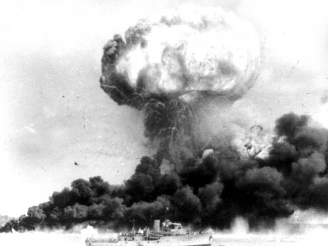 A Japanese bomb falls on Darwin in 1942.