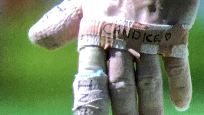 David Warner’s tribute to wife Candice on day three.