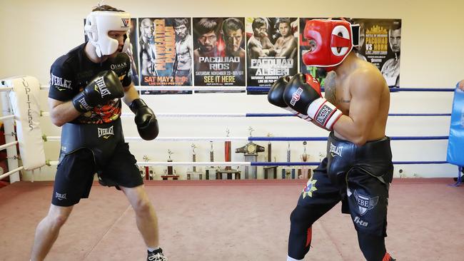Jeff Horn (left) sparring with Czar Amonsot ahead of his fight with Manny Pacquiao.