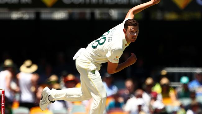 BRISBANE, AUSTRALIA – DECEMBER 11: Josh Hazlewood of Australia bowlsduring day four of the First Test Match in the Ashes series between Australia and England at The Gabba on December 11, 2021 in Brisbane, Australia. (Photo by Chris Hyde/Getty Images)