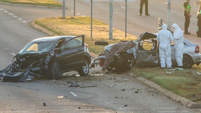 Police attend the scene of a horror fatal crash on Trower Road at Lakeside Drive. Picture Glenn Campbell