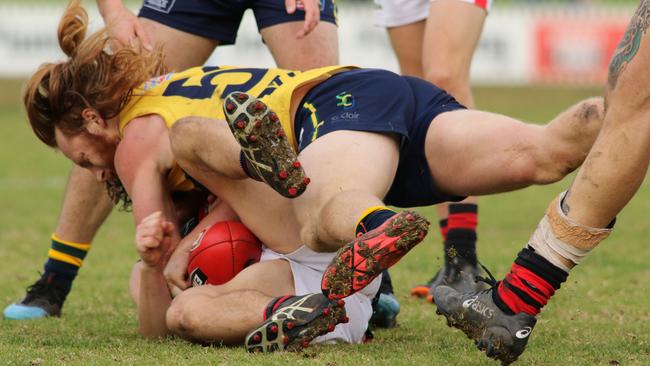 Eagles’ Angus Poole was an angry ant against West Adelaide and he showed plenty of aggression. Picture: Russell Millard/AAP