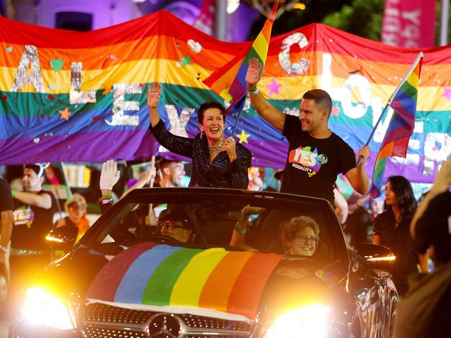 Lord Mayor Clover Moore and Alex Greenwich MP attend the 40th annual Sydney Gay and Lesbian Mardi Gras Parade last year. Picture: Hollie Adams
